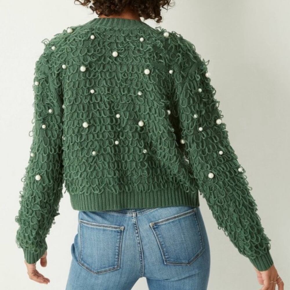 Mighty Fine Green Dress Cropped Cardigan Loop & Pearl Embellishments M-Holiday - Picture 2 of 11